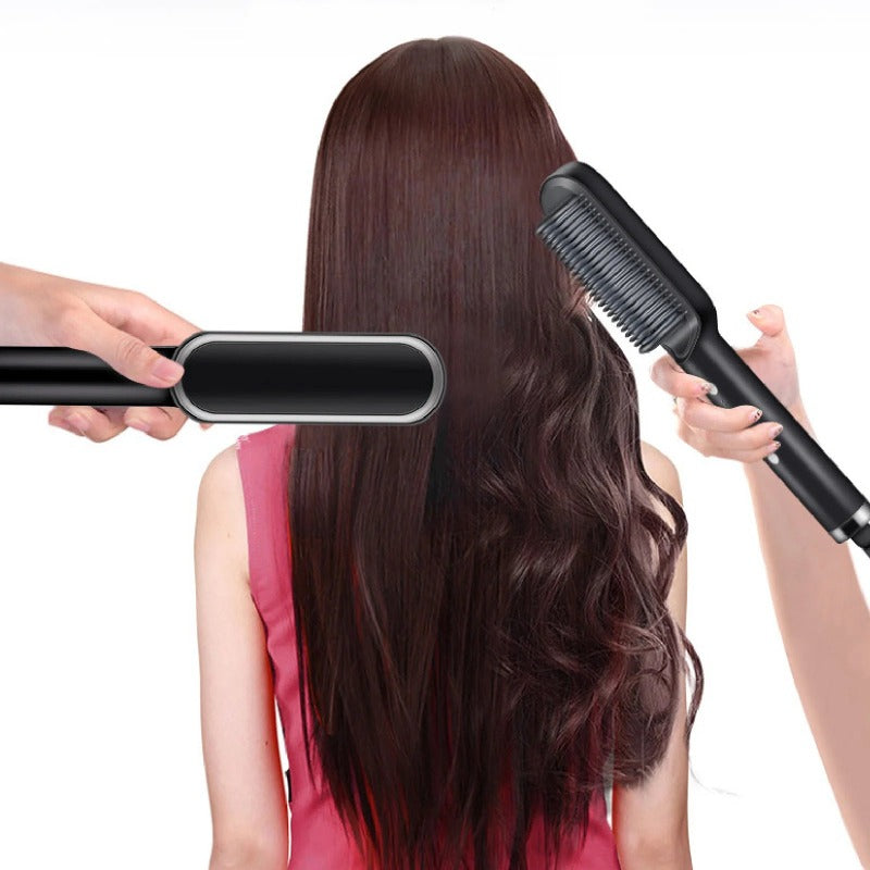 2-in-1 Electric Hair Straightener Brush - Fast Heat Curler Brush Hot Comb Portable