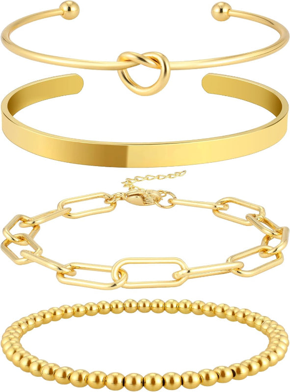 14K Gold/Silver Plated Stackable Charm Bangle Cuff Bracelet Set for Women, Non-Tarnish