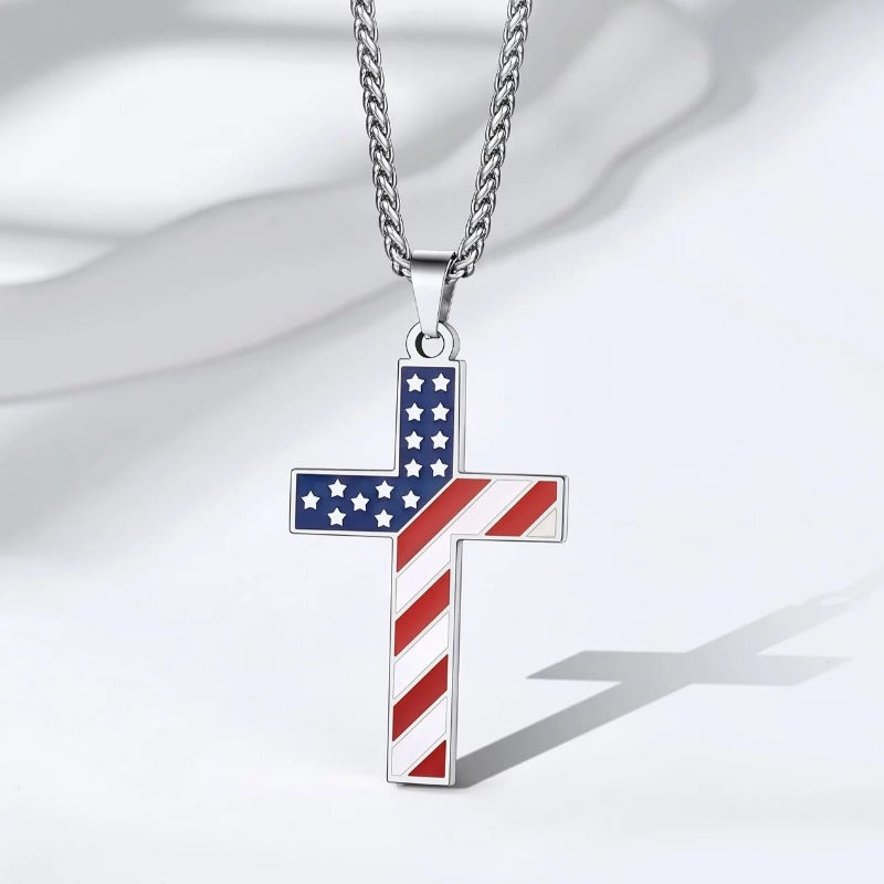 American Flag Patriotic Cross Necklace - Stainless Steel