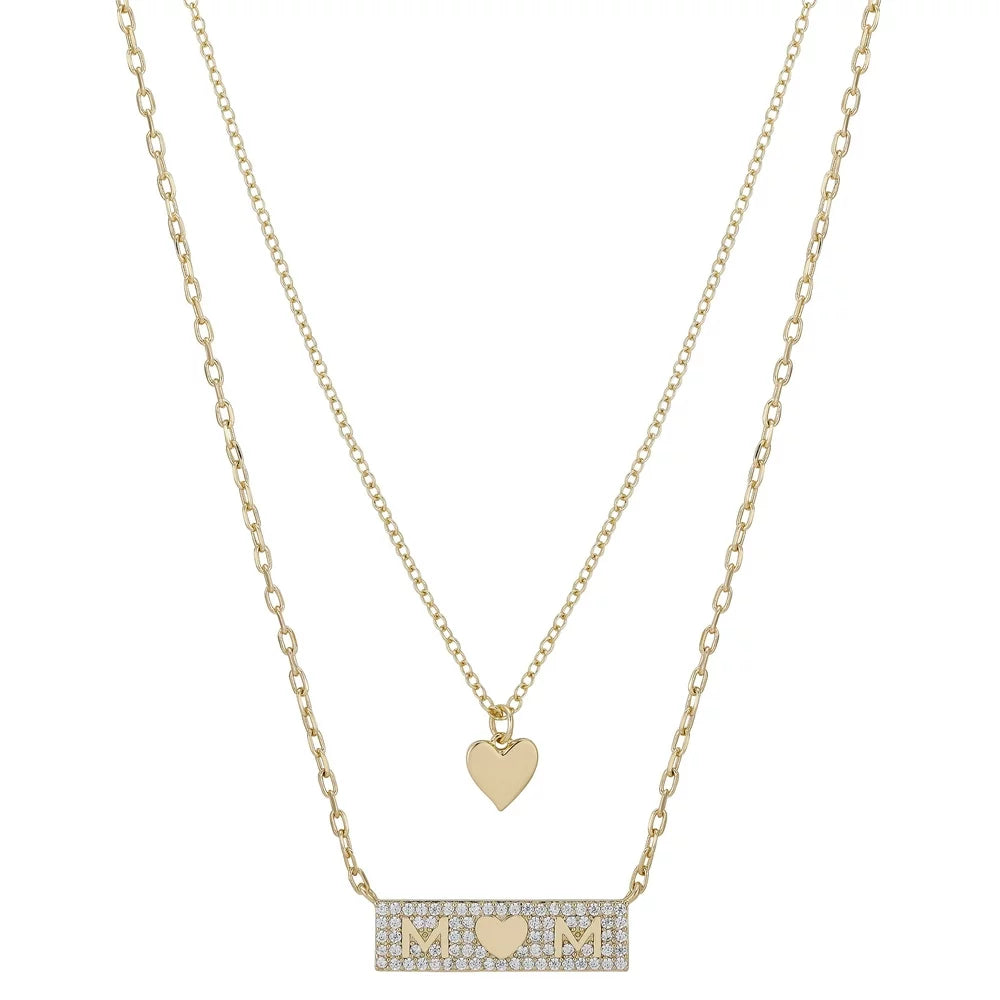 Women's 14Kt Gold Flash Plated Crystal "Mom" Heart Layered Pendant Necklace