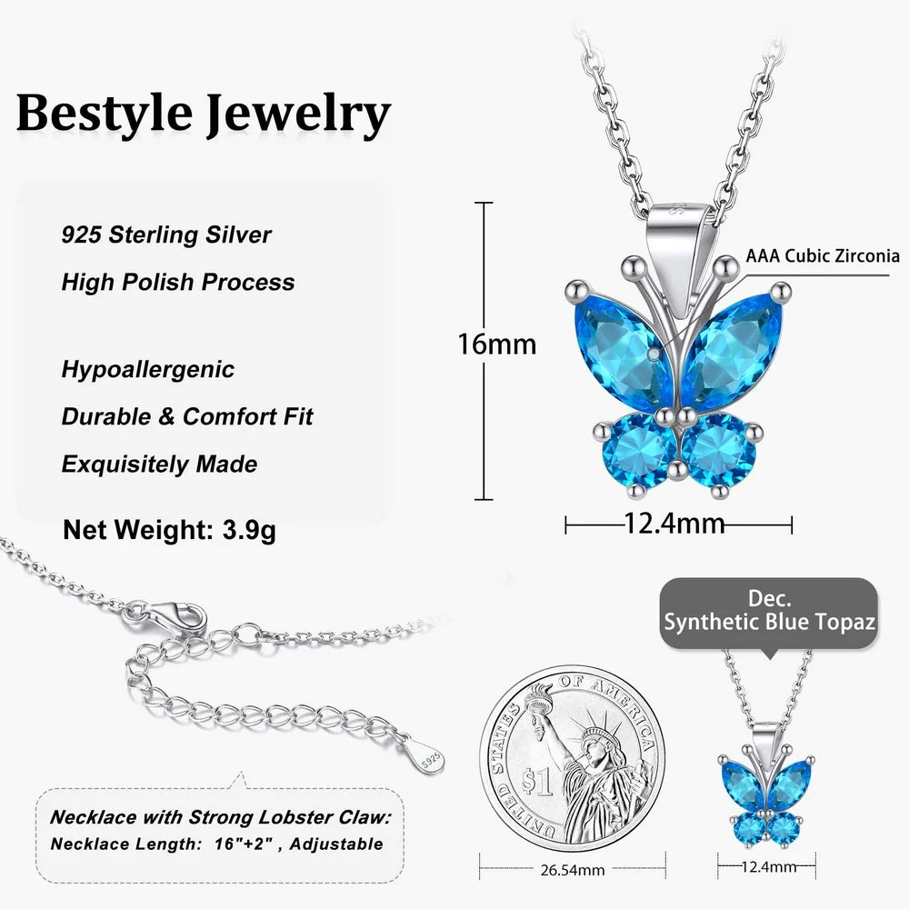 Butterfly Pendant Necklace Women Sterling Silver December Birthstone Blue Topaz Necklace Shinning CZ Jewelry Birthday Gifts for Mom Daughter