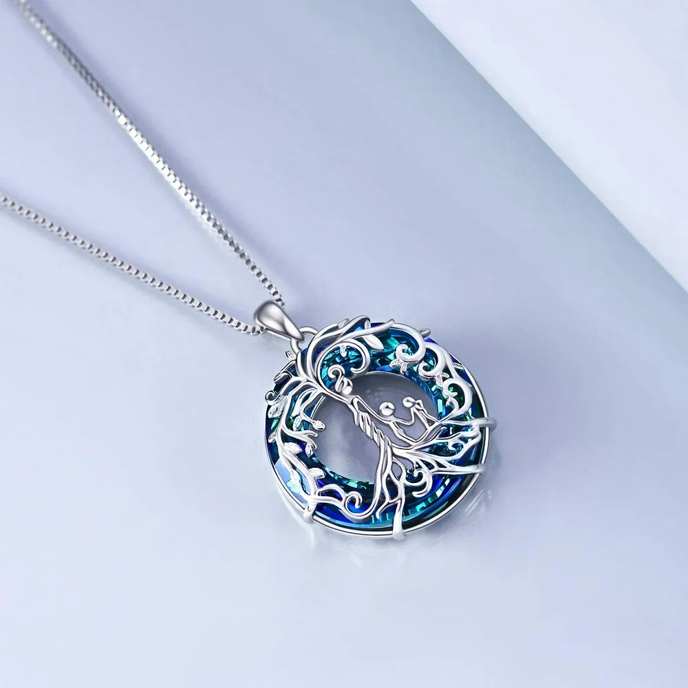 Mothers Day Gifts for Mom S925 Sterling Silver Mother and 2 Children Family Tree of Life Pendant Necklaces with Blue Crystal Jewelry Gifts for Women Mom Daughter Wife Birthday Anniversary