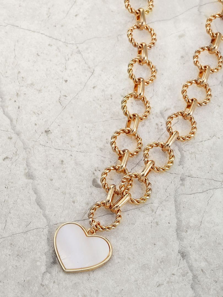 Women's Gold Tone Mother of Pearl Heart Statement Necklace