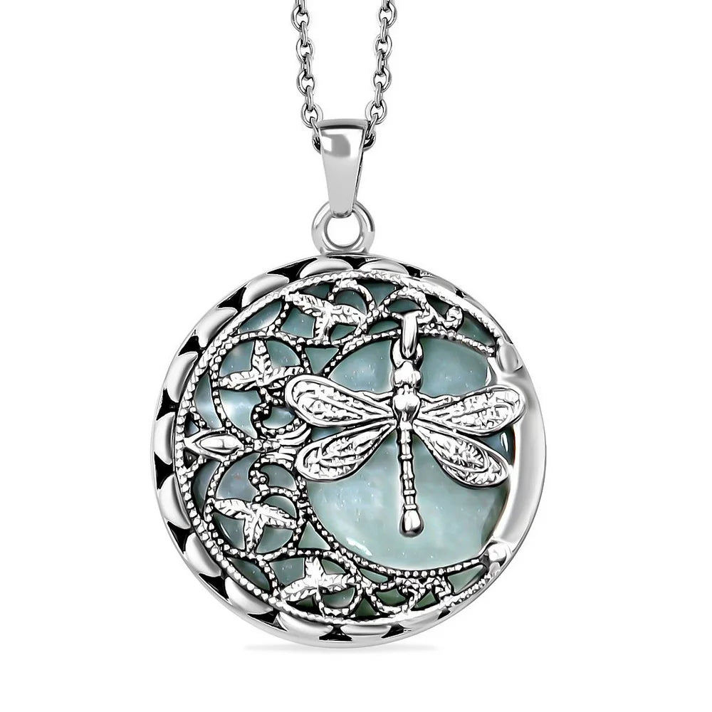 Women Dragonfly Pendant Moon Necklace Green Aventurine Floral 20" Birthday Mothers Day Gifts for Mom