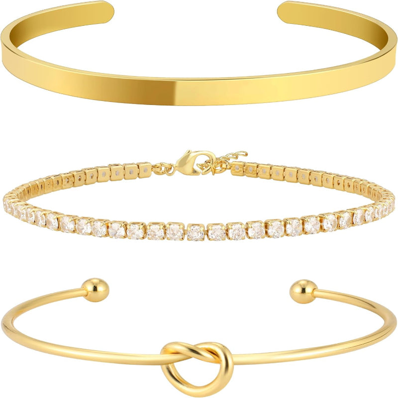 14K Gold/Silver Plated Stackable Charm Bangle Cuff Bracelet Set for Women, Non-Tarnish