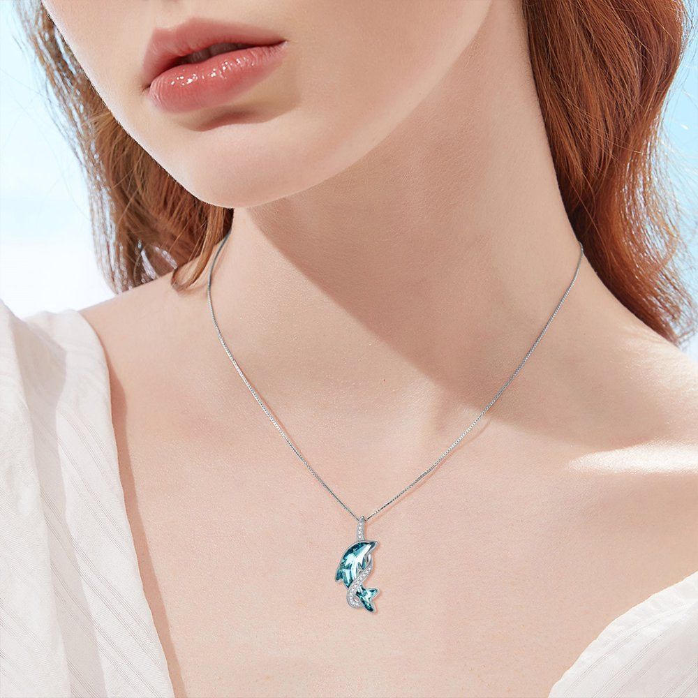 Dolphin Necklace for Women Sterling Silver Dolphin Crystal Pendant Necklace Dolphin Jewelry Gifts for Her Girls Sisters Grandma Mom Mothers Day Birthday Graduation Anniversary