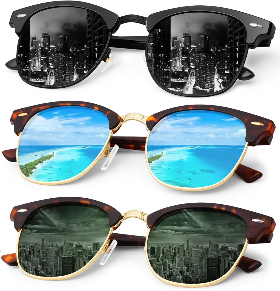 3 Pack Classic Polarized Sunglasses with 100% UV Protection - Retro Style Semi Rimless Frames