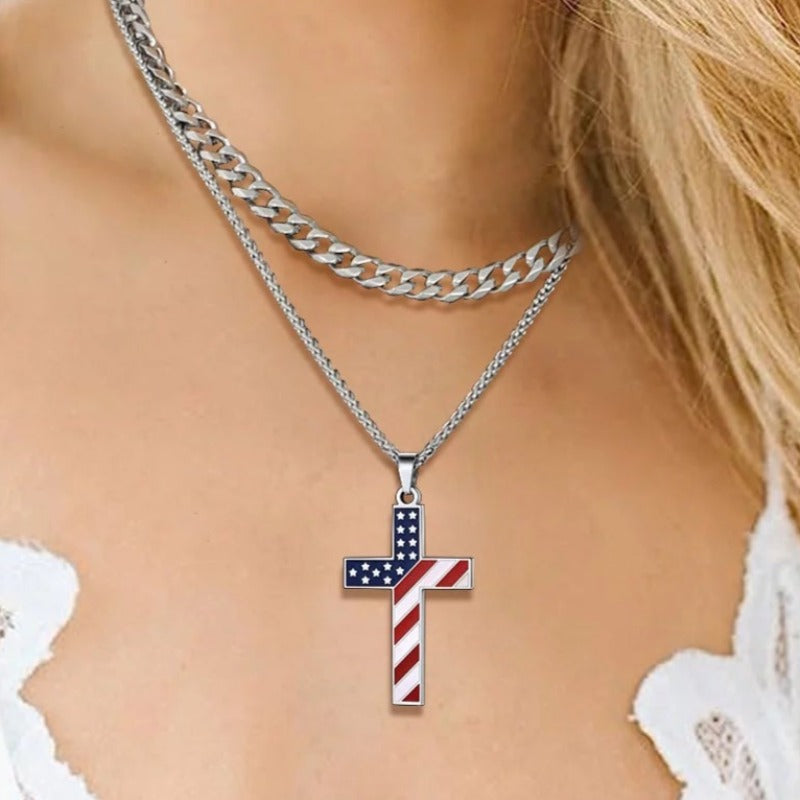 American Flag Patriotic Cross Necklace - Stainless Steel