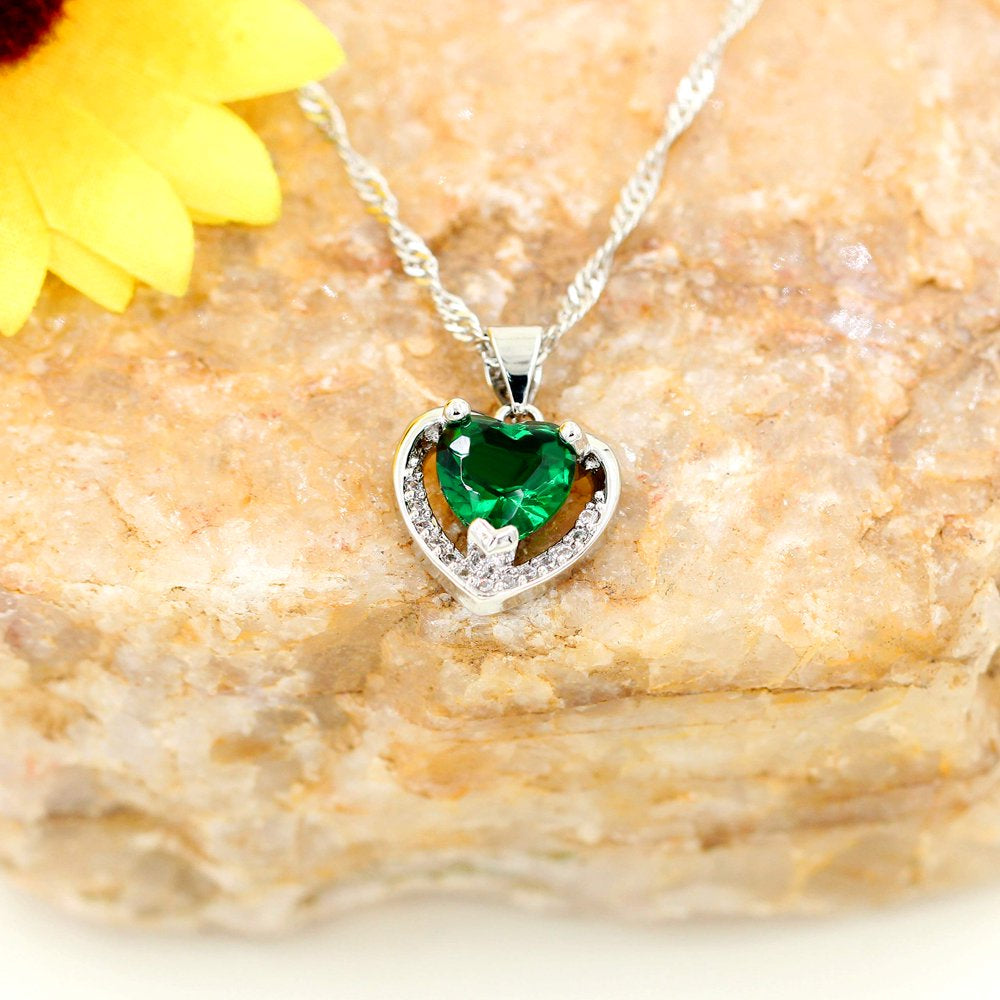 White Gold Plated Green CZ Double Heart Pendant Necklace