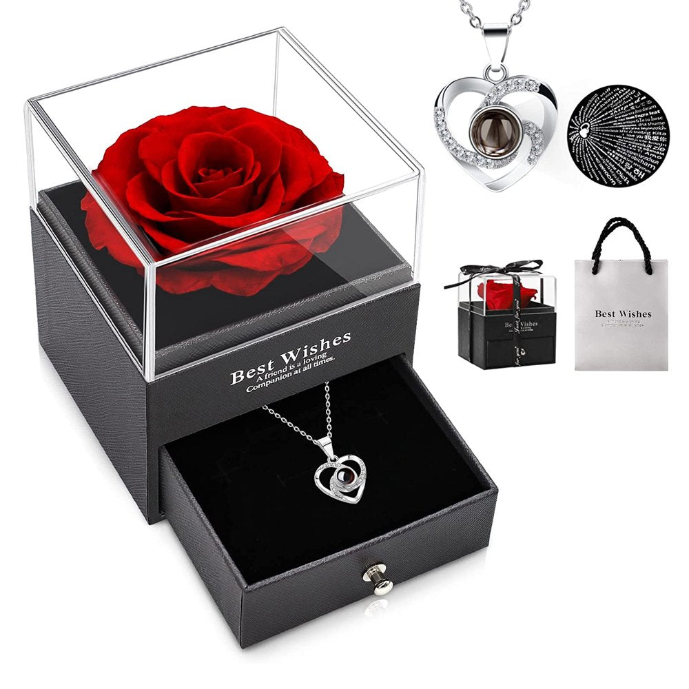 Mothers Day Gifts for Mom - Preserved Real Rose with Necklace, Eternal Rose Flower with Jewelry Storage Box, Love You Necklace in 100 Languages, Gifts for Christmas Birthday Valentines Day