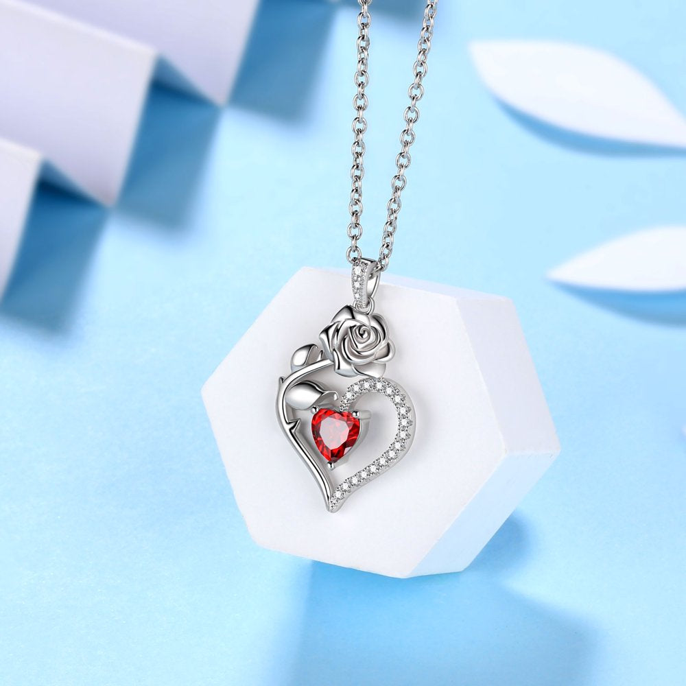 925 Sterling Silver Birthstone Necklace for Women Rose Flower Heart Pendant Necklace