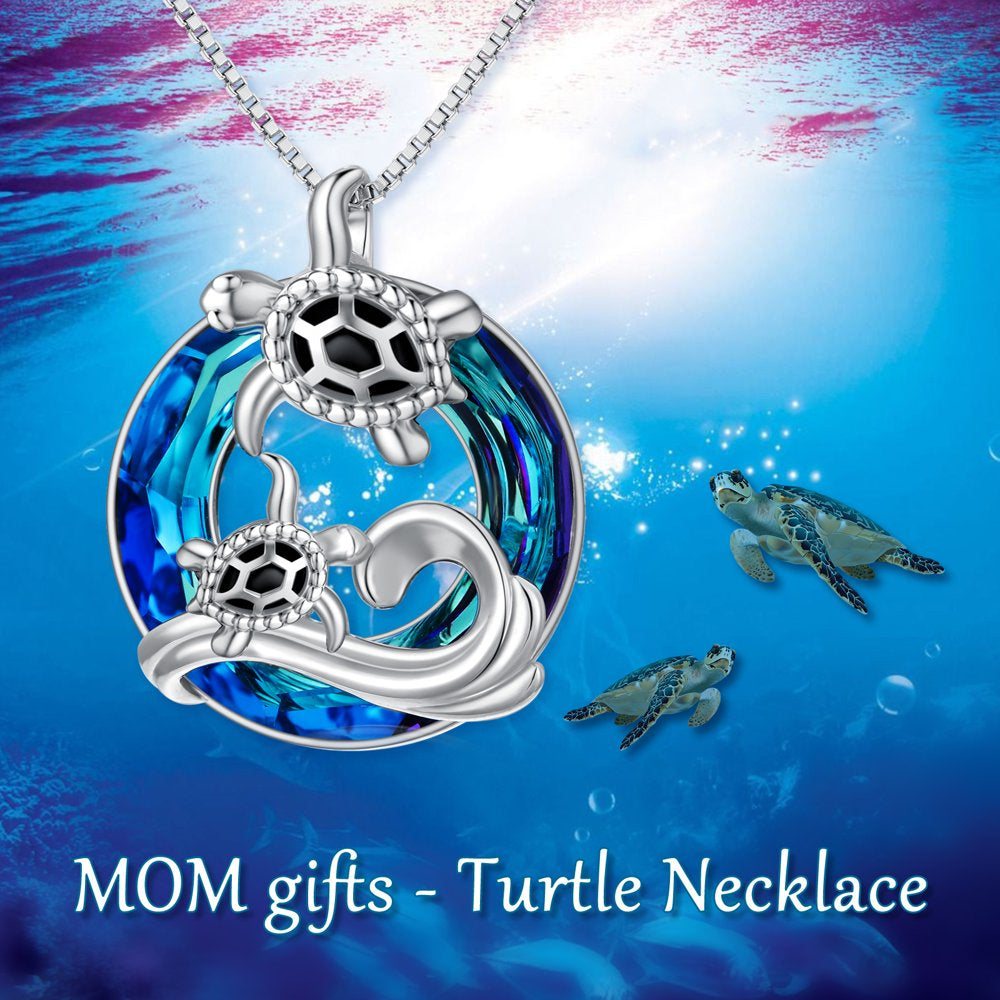 Sea Turtle Jewelry S925 Sterling Silver Ocean Beach Mother Child Turtle with Blue Crystal Necklaces Gift for Women Her Girl Mom Daughter Grandma Birthday Anniversary Mother's Day