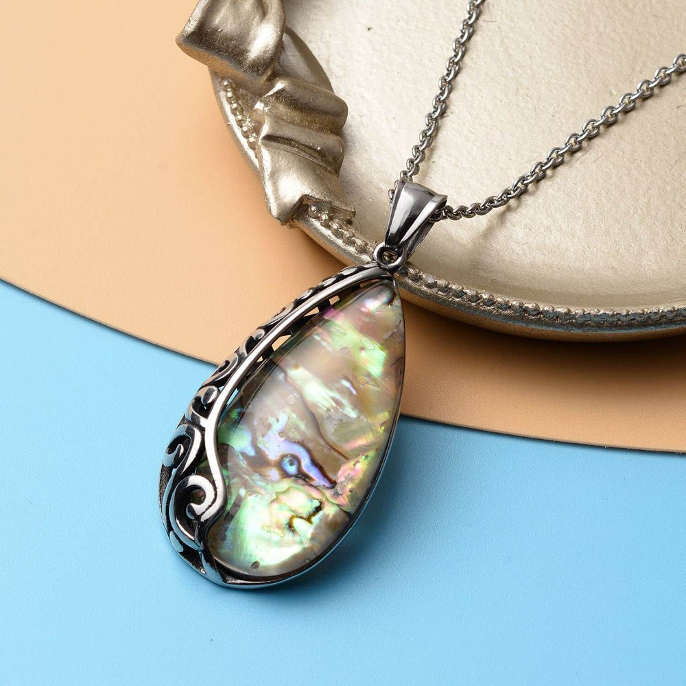 Abalone Shell Necklace Pendant Fashion Jewelry Birthday Mothers Day Gifts for Mom for Her 20" in Black Oxidized Stainless Steel