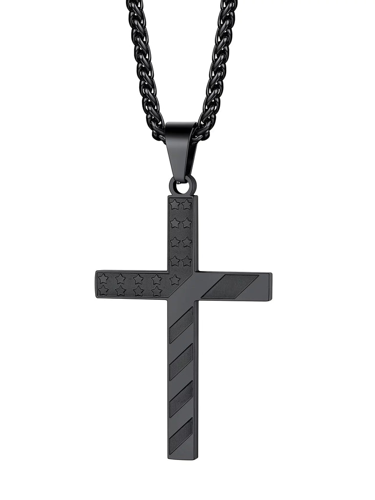 American Flag Patriotic Cross Necklace - Stainless Steel