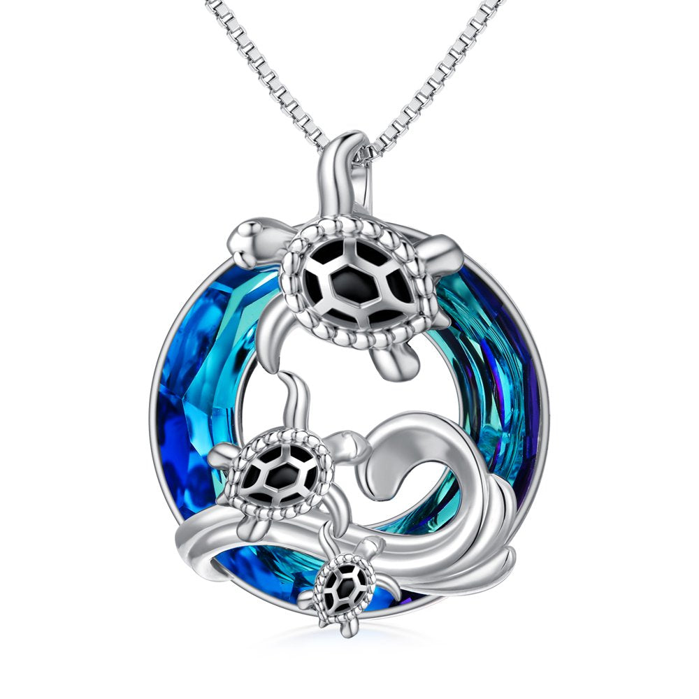 Sea Turtle Jewelry S925 Sterling Silver Ocean Beach Mother Child Turtle with Blue Crystal Necklaces Gift for Women Her Girl Mom Daughter Grandma Birthday Anniversary Mother's Day