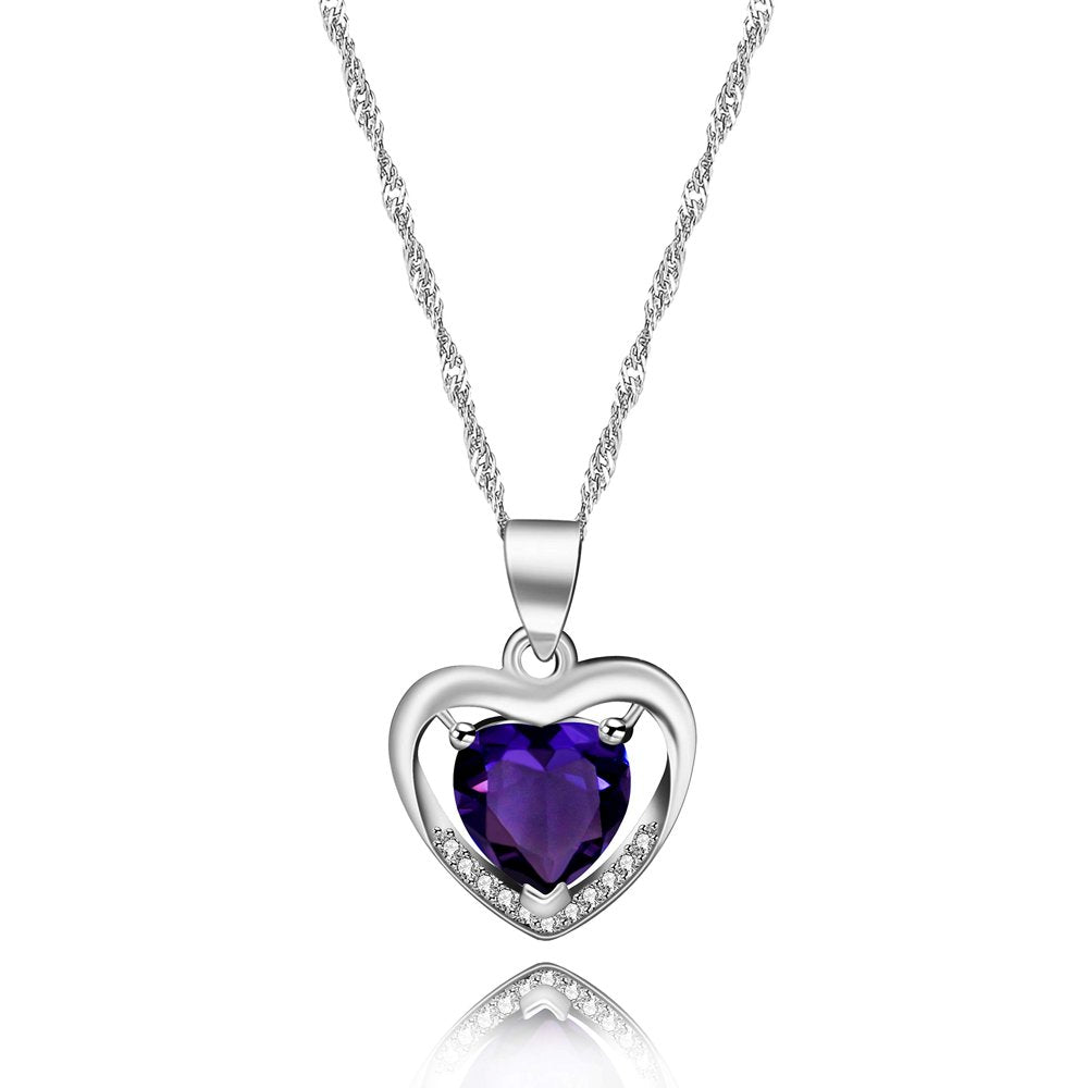 Silver Color Deep Blue Crystal Heart Pendant Birthstone Necklace Doubel Heart Design Valentines Jewelry for Women (Dark Blue)