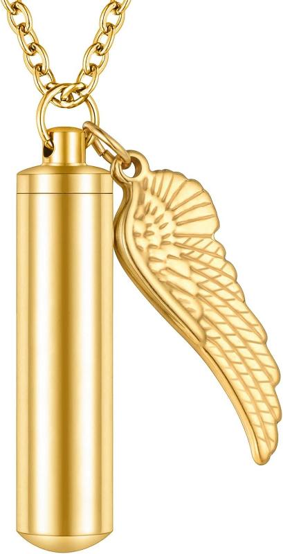  Memorial Keepsake Cylinder Necklace Pendant for Ashes with Angel Wings