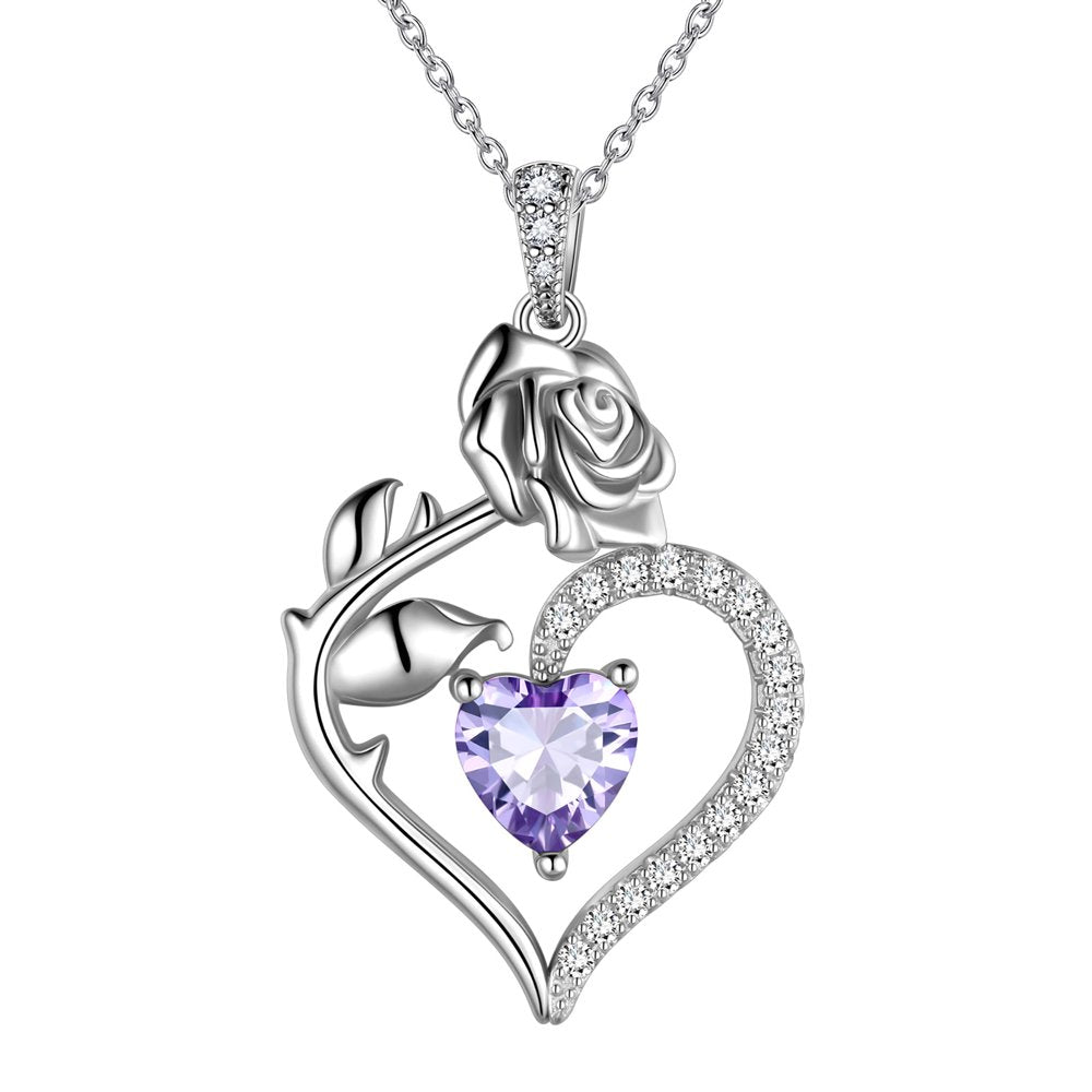 925 Sterling Silver Birthstone Necklace for Women Rose Flower Heart Pendant Necklace