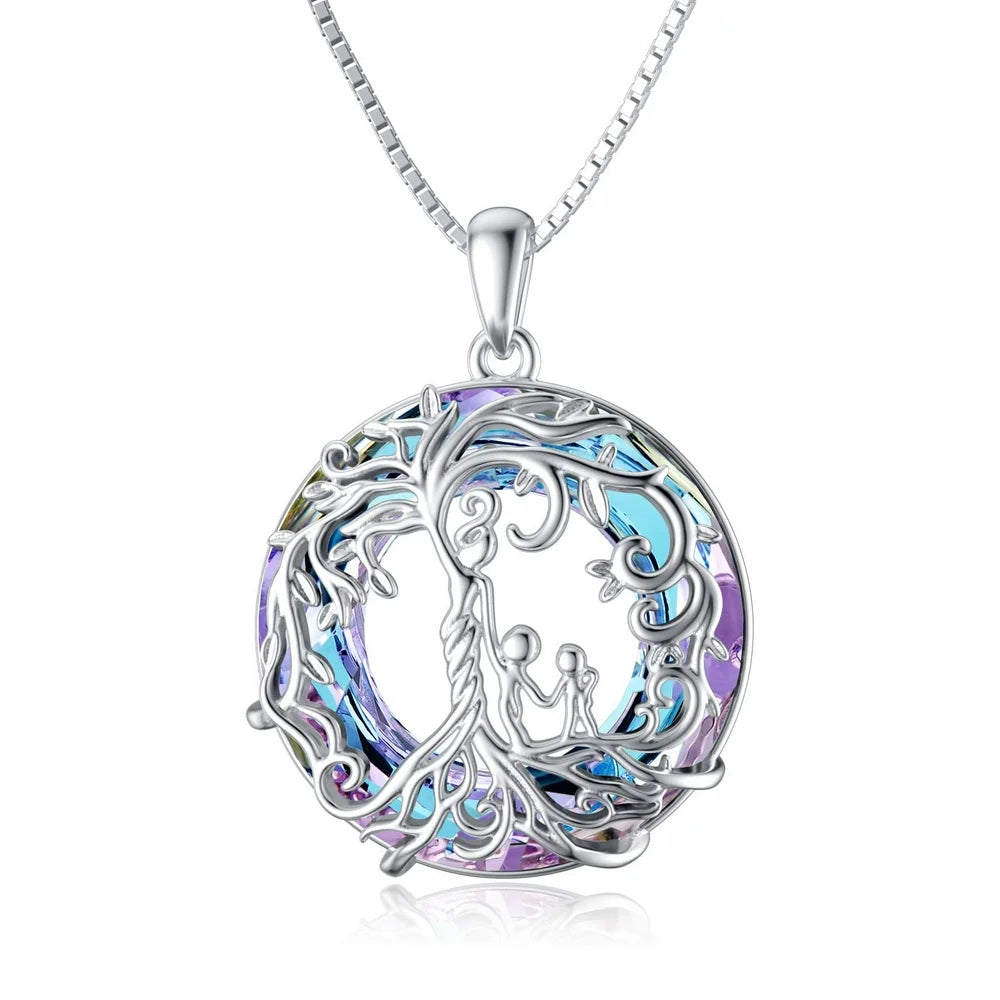 Mothers Day Gifts for Mom S925 Sterling Silver Mother and 2 Children Family Tree of Life Pendant Necklaces with Blue Crystal Jewelry Gifts for Women Mom Daughter Wife Birthday Anniversary