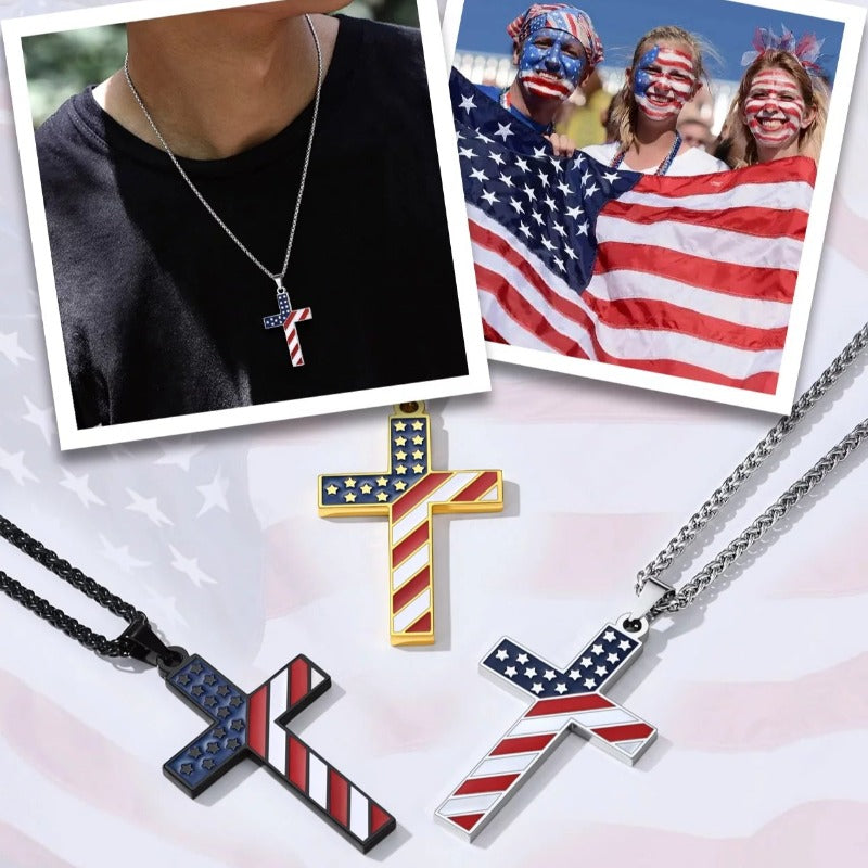 American Flag Patriotic Cross Necklace - Stainless Steel