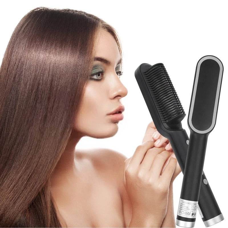 2-in-1 Electric Hair Straightener Brush - Fast Heat Curler Brush Hot Comb Portable