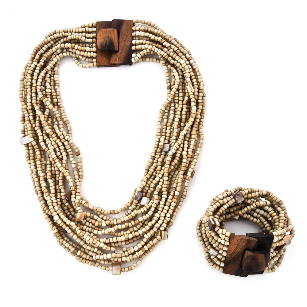 Handmade Beige Seed Bead Boho Costume Jewelry Set for Women Stretchable Beaded Bracelet Statement Necklace Multi Strand Layered Wooden Buckle Clasp Size 18" & 6.5" to 7.5" Birthday Mothers Day