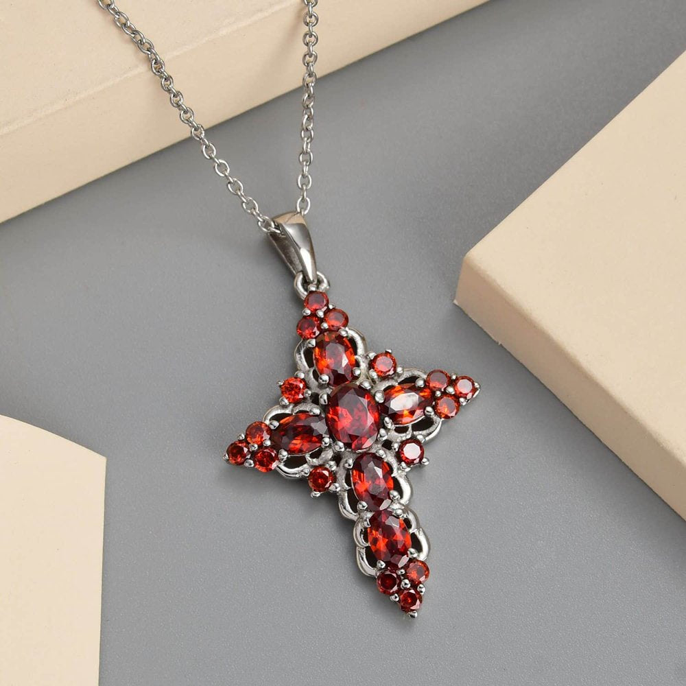 Faith Hope Love Prayer Stainless Steel White Cubic Zirconia Garnet Cross Chain Pendant Necklace in Magnetic Clasp 20" Cttw for Women Birthday Mothers Day Gifts for Mom