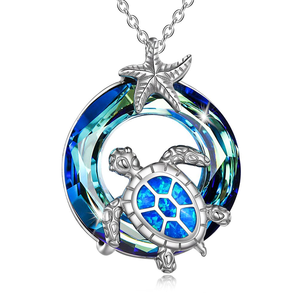 Sea Turtle Jewelry S925 Sterling Silver Ocean Beach Mother Child Turtle with Blue Crystal Necklaces Gift for Women Her Girl Mom Daughter Grandma Birthday Anniversary Mother's Day