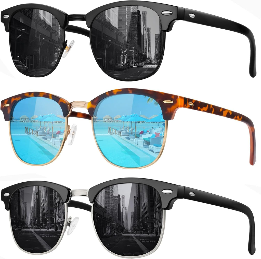 3 Pack Classic Polarized Sunglasses with 100% UV Protection - Retro Style Semi Rimless Frames