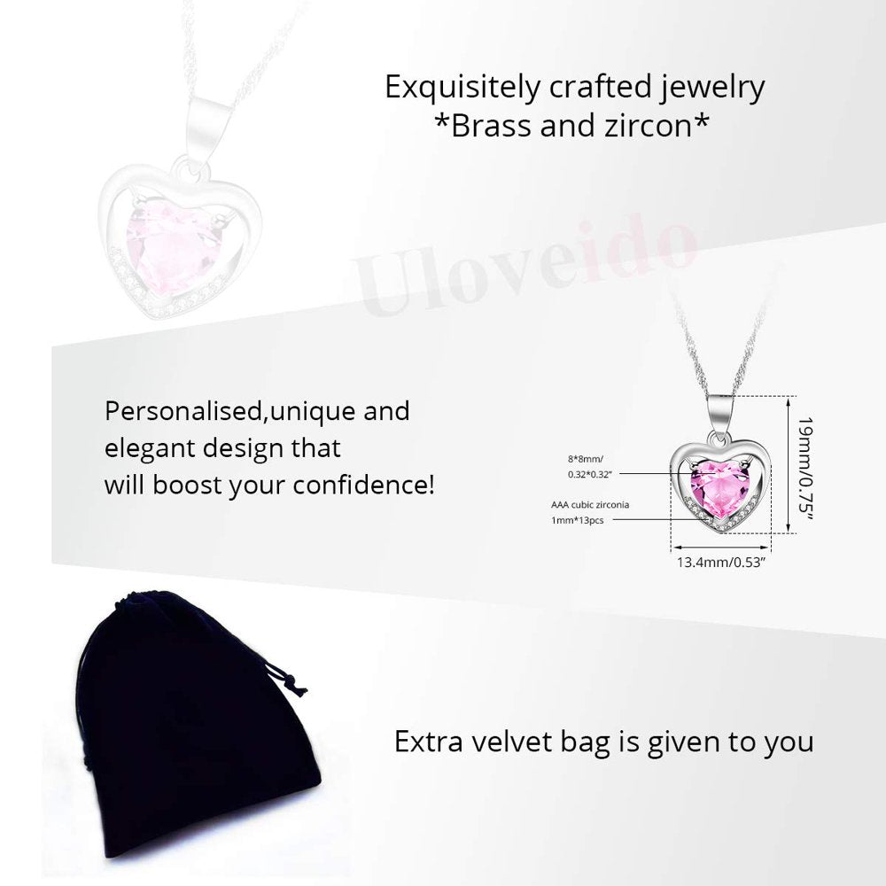 Womens Pink CZ Crystal Double Heart Pendant Necklace Wedding Valentines Jewelry Gifts for Daughter Girlfriend Best Friend (Pink)