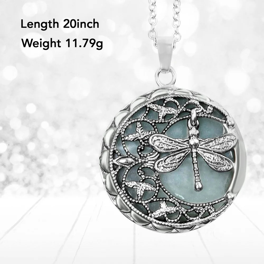 Women Dragonfly Pendant Moon Necklace Green Aventurine Floral 20" Birthday Mothers Day Gifts for Mom
