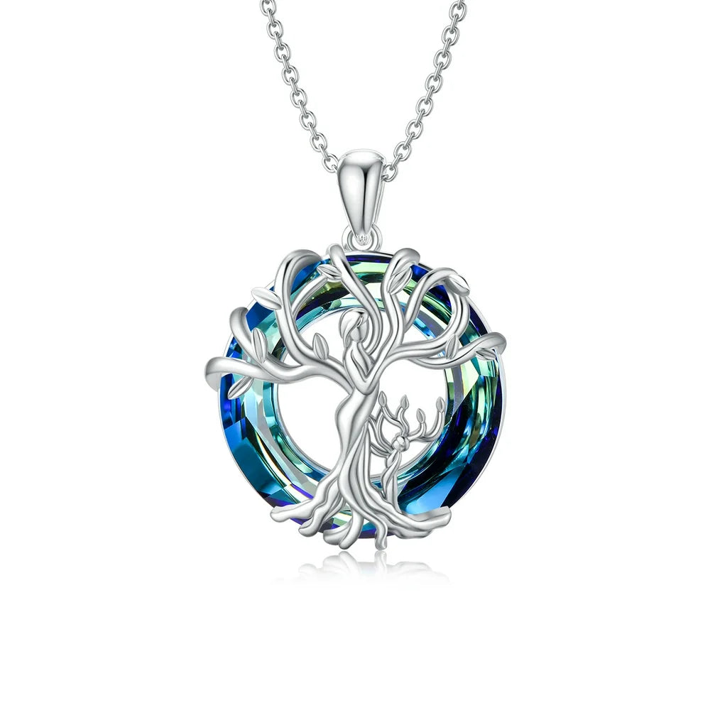 Mothers Day Gifts for Mom S925 Sterling Silver Mother and 2 Children Family Tree of Life Pendant Necklaces with Blue Crystal Jewelry Gifts for Women Mom Daughter Wife Birthday Anniversary