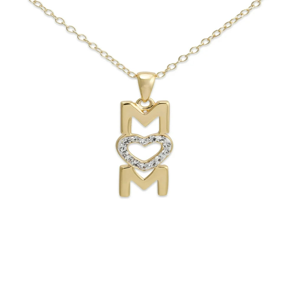 Crystal 18kt Gold over Sterling Silver "Mom" Pendant Heart, 18"