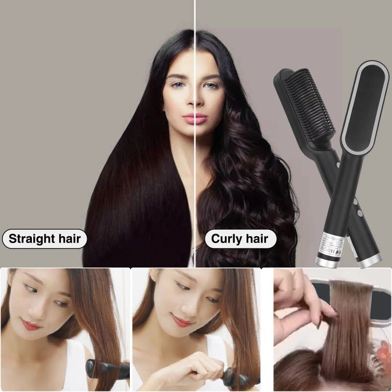 2-in-1 Electric Hair Straightener Brush - Fast Heat Curler Brush Hot Comb Portable