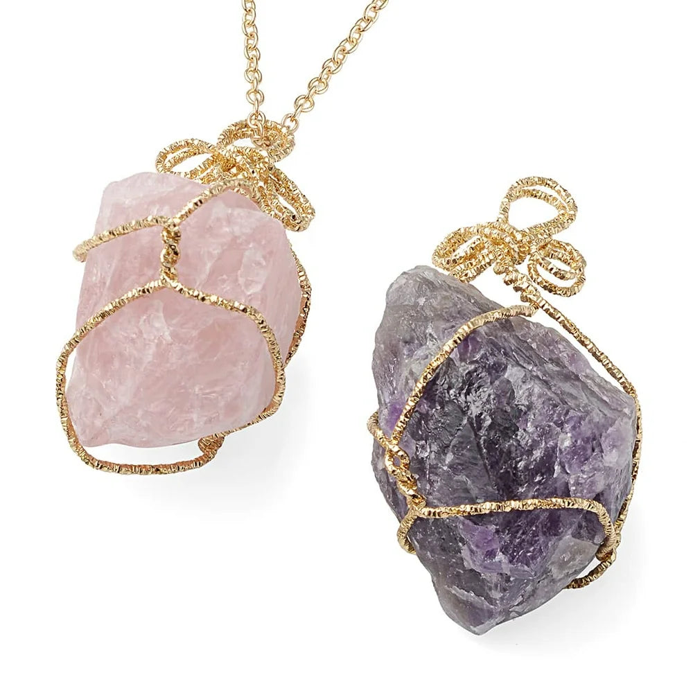 Crystal Necklaces - Handmade Healing Amethyst & Rose Quartz, Fluorite & White Crystal, Citrine & Tiger's Eye Raw Gemstone Necklace Sets - 24" Necklace Length - Set of 2 Birthday Mothers Day