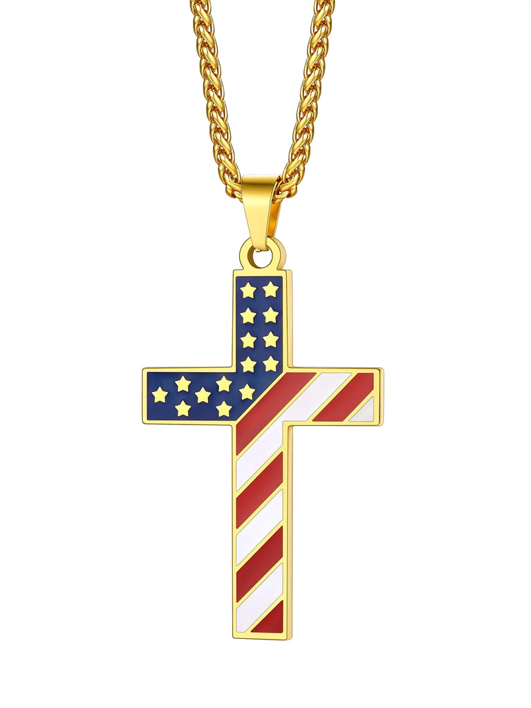 American Flag Patriotic Cross Necklace - Stainless Steel