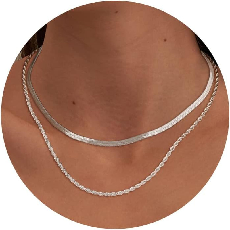 14K Gold/Silver Plated Necklaces -  Snake Chain, Herringbone, Rope or Layered