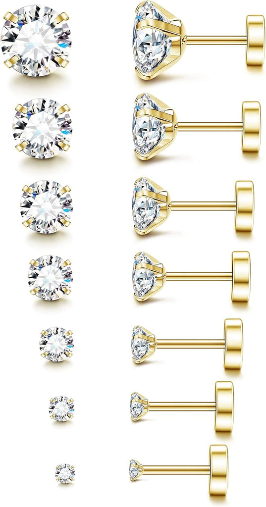 Multi-Pair Set of 14K Gold Stainless Steel Hypoallergenic Flat Back Stud Earrings