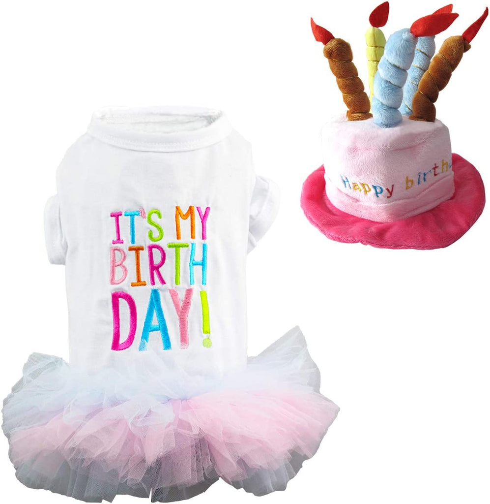 Dog Birthday Princess Tutu Dress for Small Dogs Girl + Adjustable Puppy Cat Birthday Party hat Cake Shaped (A)