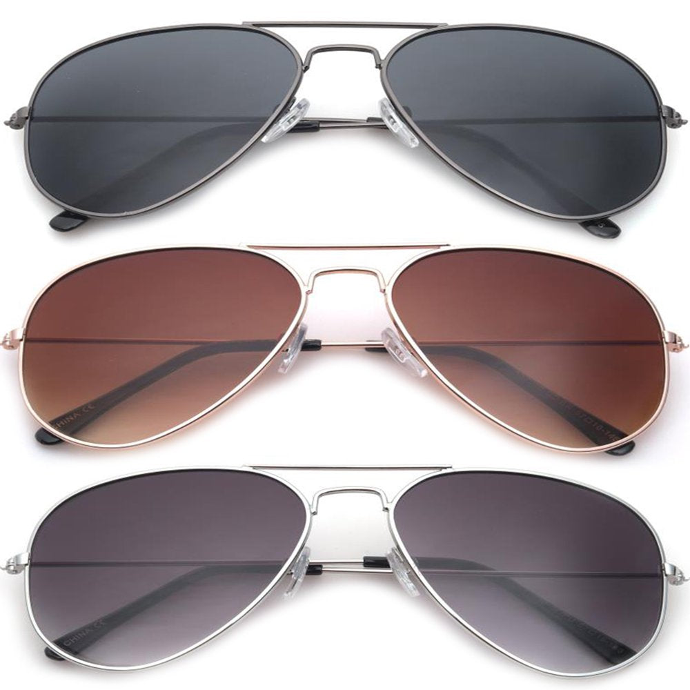 3 Pack Classic Aviator Sunglasses Flash Full Mirror Lenses & Metal Frames