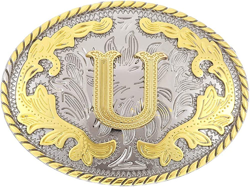 Western Belt Buckle with Initial Letters - Cowboy Rodeo Gold Large Belt Buckle for Men and Women