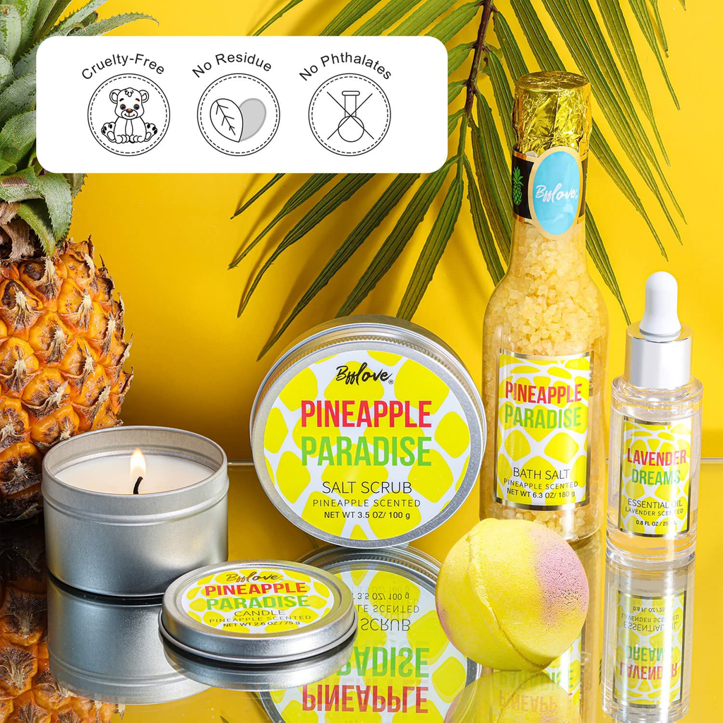 Spa Gift Set for Women, Gifts for Women, 5 Piece Bath and Body Set with Pineapple Scented Includes Essential Oil, Scented Candle, Bath Salt, Bath Bomb and Salt Scrub. Perfect Gift Box for Christmas