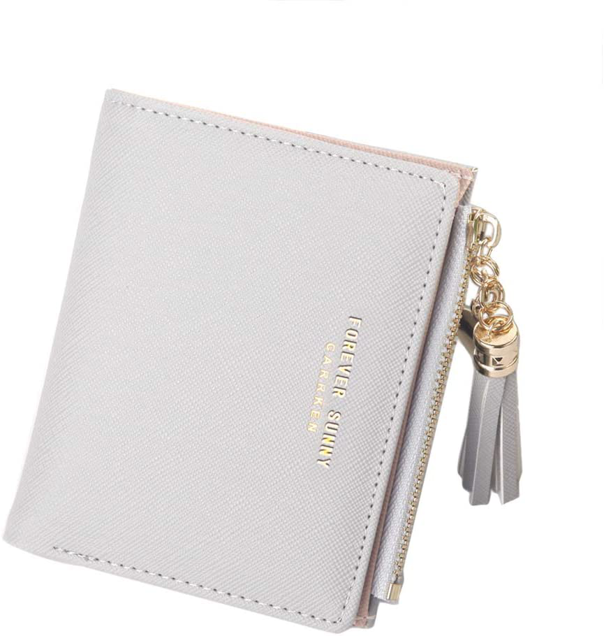 Belsmi Women's Small Compact Slim Leather Mini Wallet Lady Purse Zipper Pocket Card Organizer Bifold Wallets (Grey)