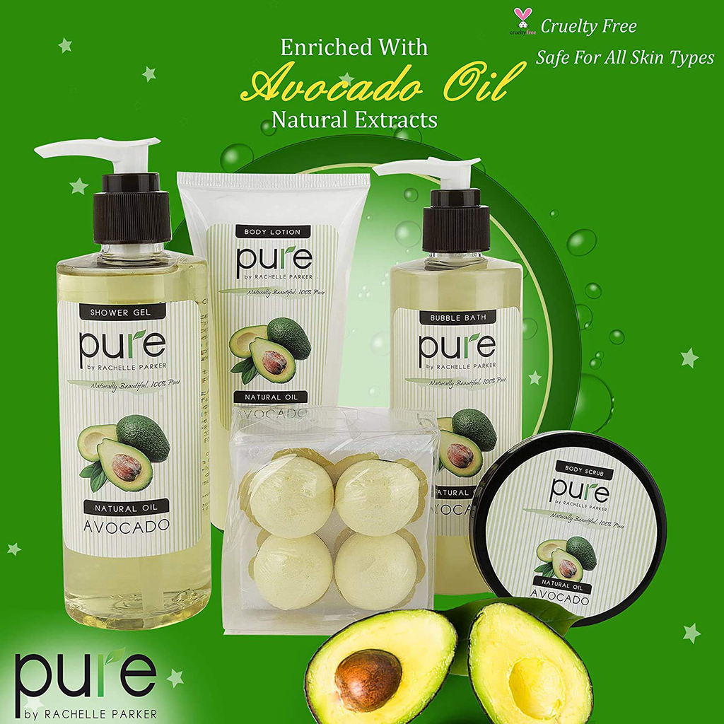 Avocado Oil Spa Gift Basket. Natural Spa Bath Basket with Bath Bombs, Bubble Bath, Shower Gel & Body Lotion Gift Set. Best Birthday Gift for Women!