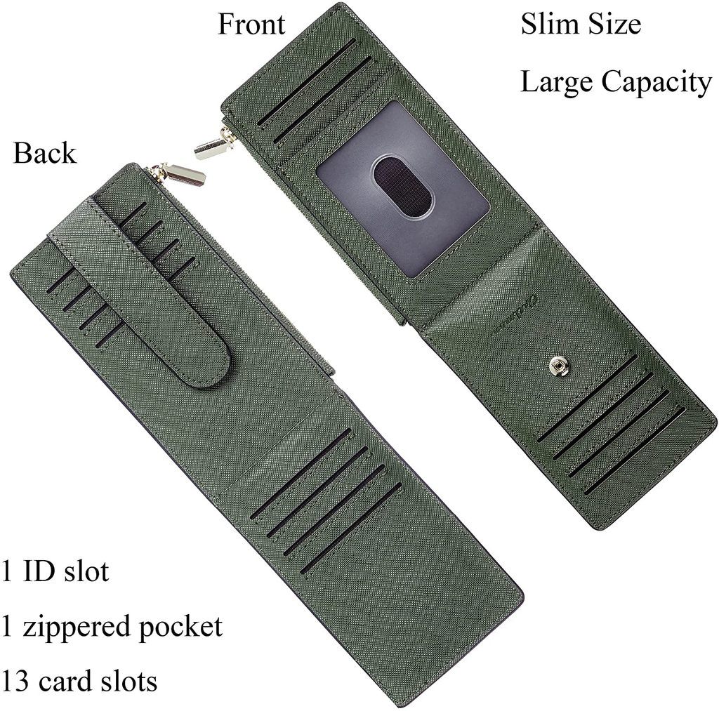 Chelmon Womens Wallet Slim RFID Blocking Bifold Multi Card Case Wallet with Zipper Pocket (Green Army)