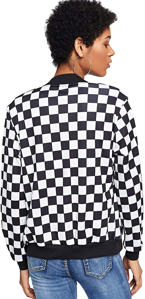 WDIRARA Women's Zip Front Plaid Print Long Sleeve Stand Collar Casual Jacket