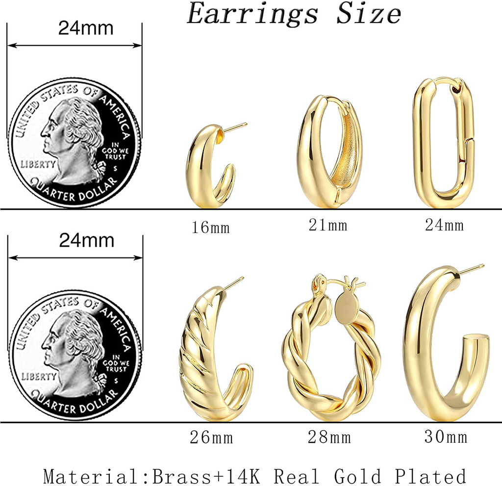 Gold Chunky Hoop Earrings Set for Women, 14K Gold Plated Lightweight Hypoallergenic Thick Open Hoops Set for Gift