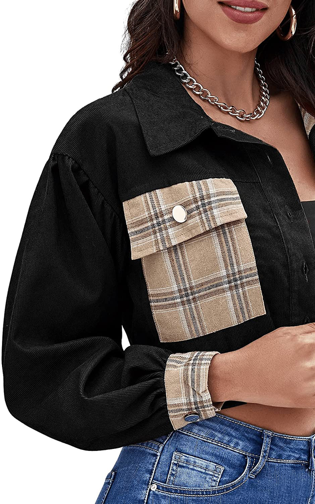 Verdusa Women's Plaid Pocket Front Colorblock Long Sleeve Crop Corduroy Jacket