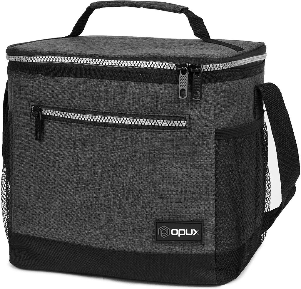 OPUX Insulated Large Lunch Box for Men Women, Leakproof Thermal Lunch Bag for Work, Reusable Lunch Cooler Tote, Soft School Lunch Pail Shoulder Strap, Pockets, 18 Cans, 10L, Dark Grey Charcoal