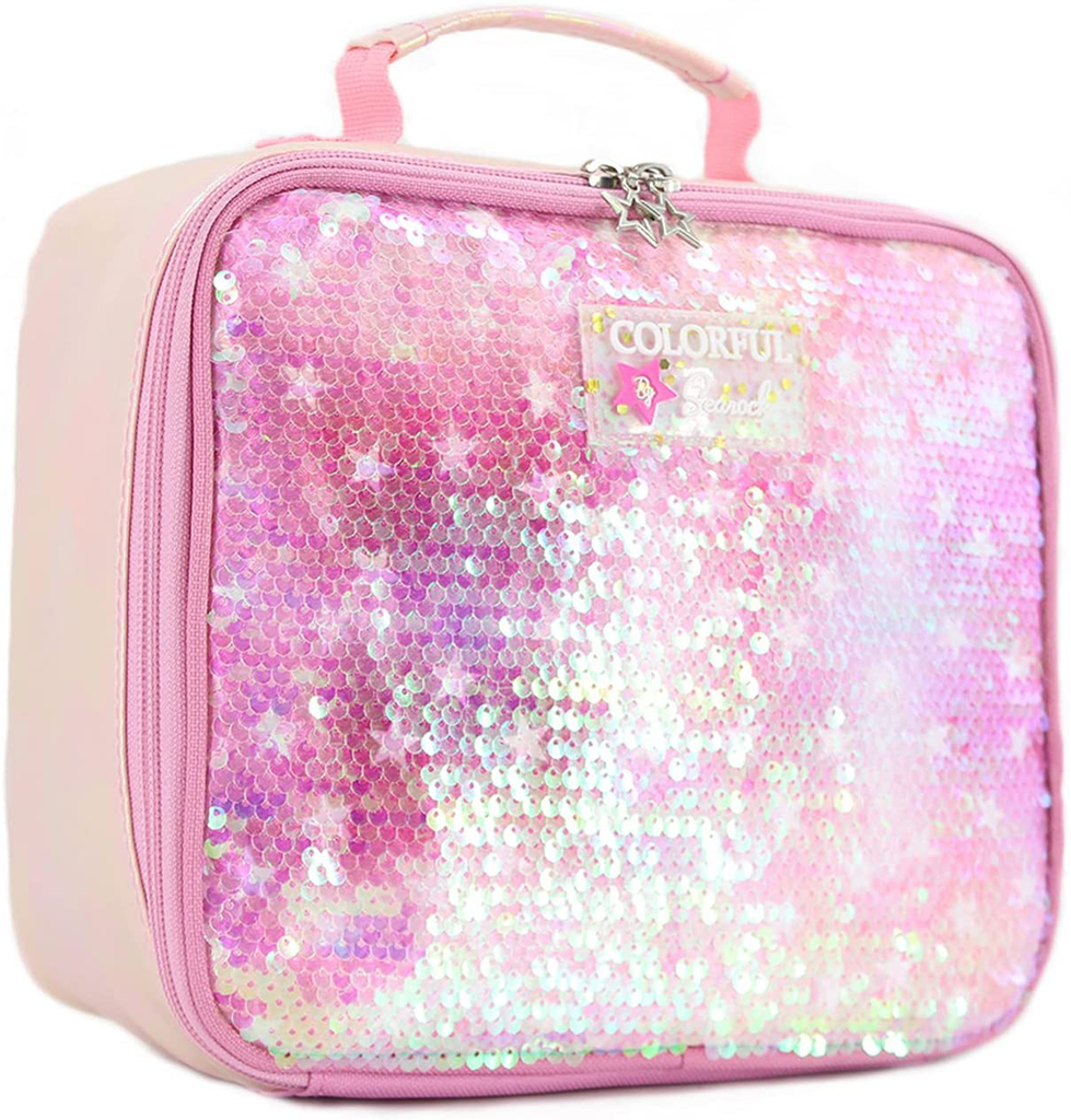 Kids Lunch Box Insulated Back to School Reusable Tote Lunch Bag for Girls and Boys Flip Sequin Pink